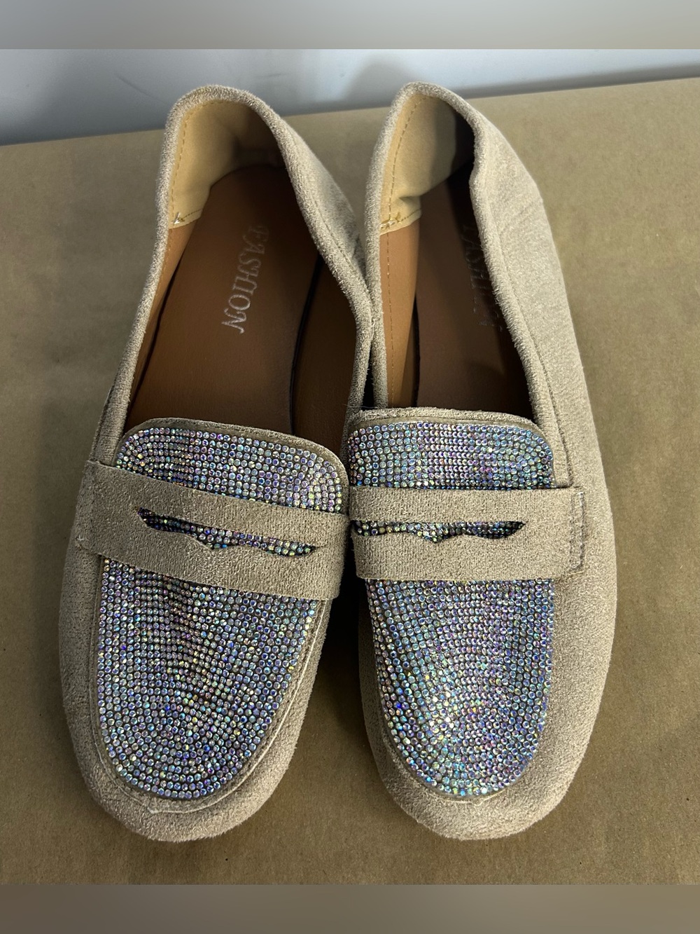 Vegan Tan Suede Jewel Embellished Loafer Shoes Size 39 ( US Size 8.5)